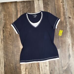 Navy V-Neck Tee White Trim Short Sleeve Top Casual Minimalist